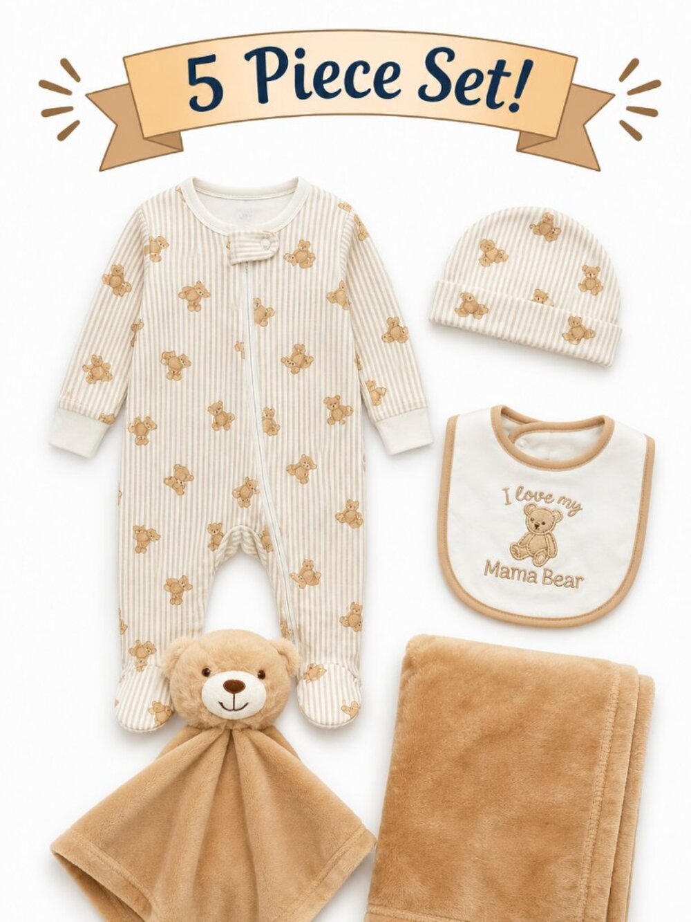 NWT Baby Essentials Baby Boy 5 Piece Teddy Bear Gift Set Sleeper Blanket Bib Hat